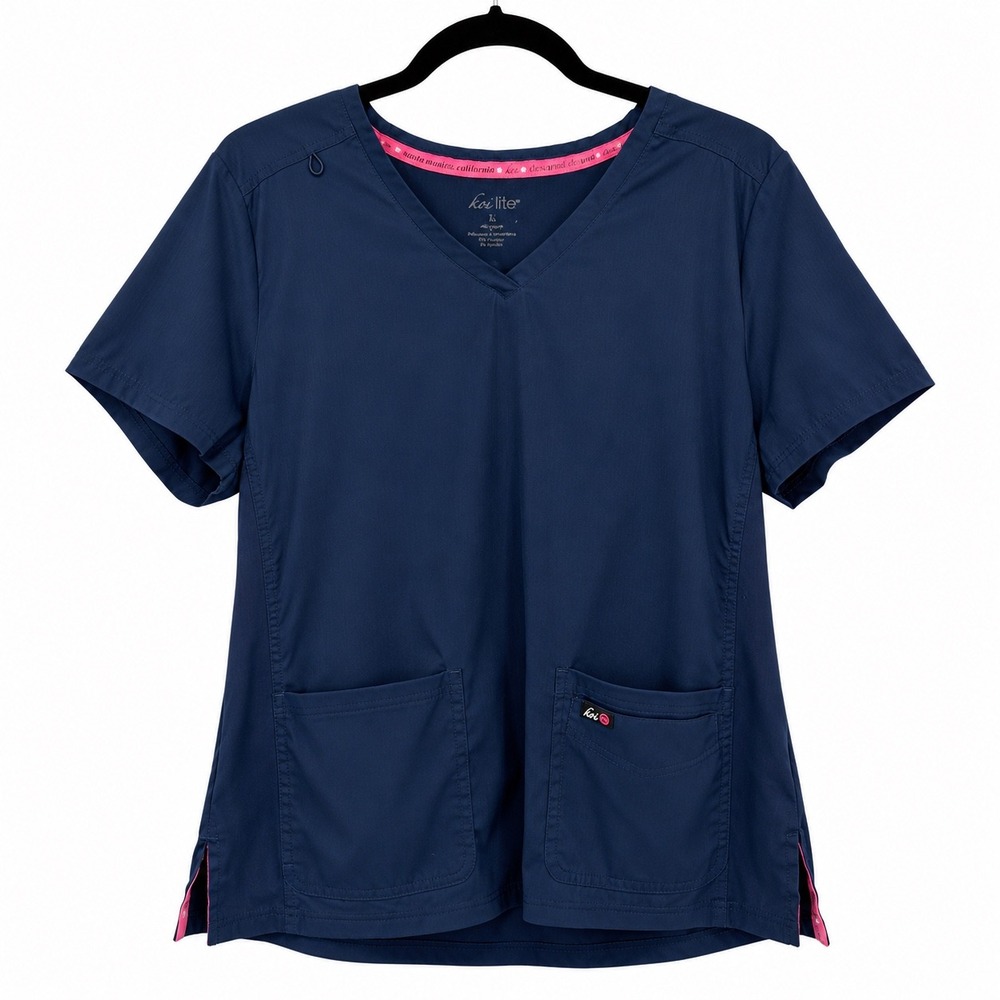Koi Lite Scrub Top Womens Large Navy Blue V-Neck Medical Uniform 387 Skye